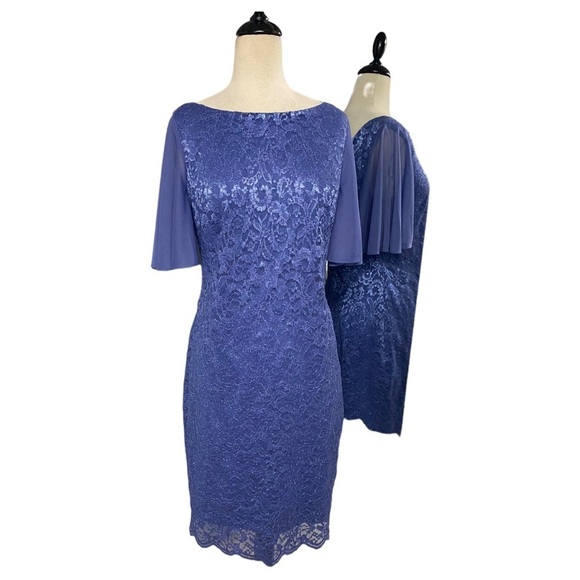 NWOT JESSICA HOWARD BOAT NECK SHORT FLUTTER SLEEVE FLORAL LACE IN PERIWINKLE - Picture 4 of 10